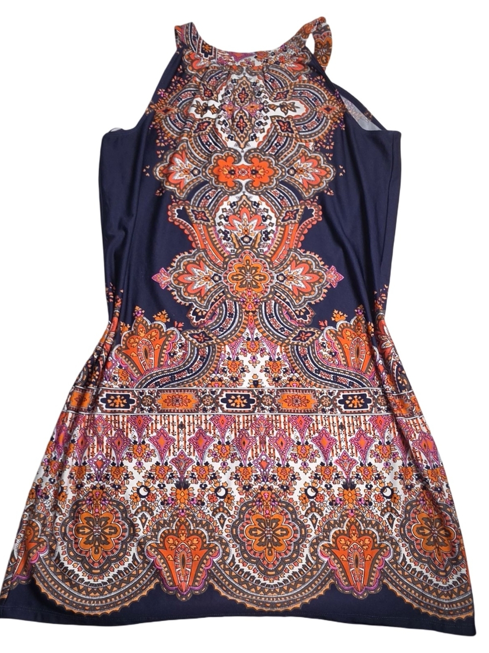 Perceptions Navy Paisley Halter Mini Dress with Orange & Pink Accents